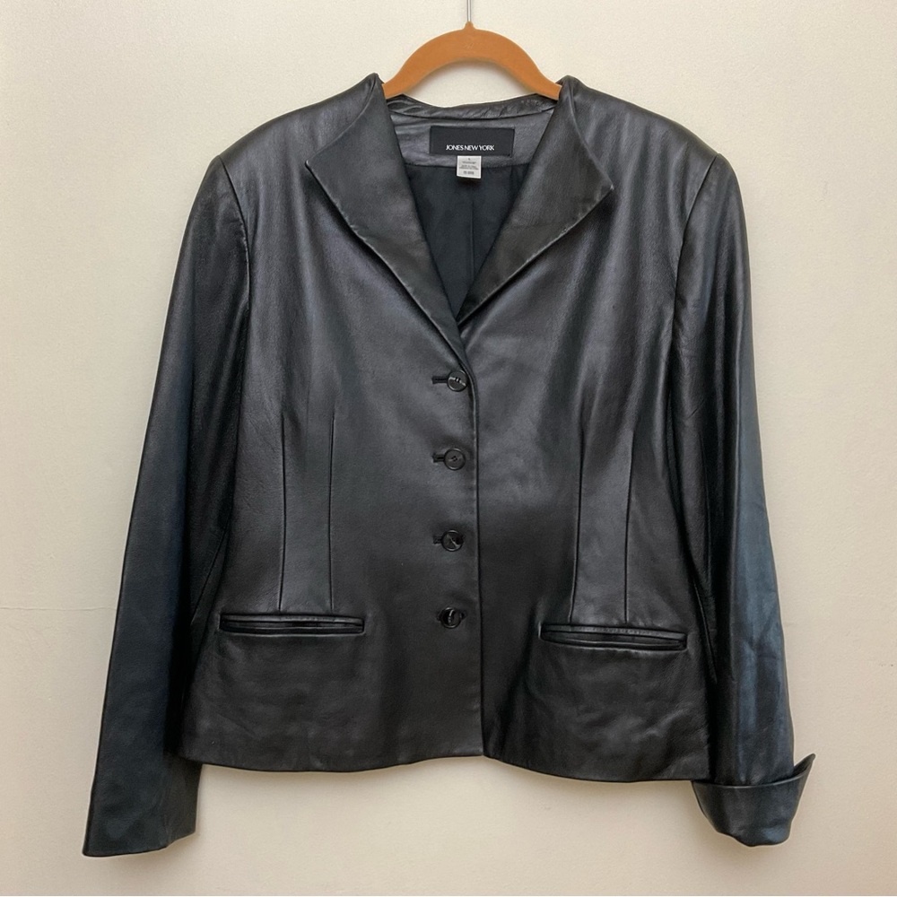 Jones New York Black Leather Jacket Blazer Large Beautiful